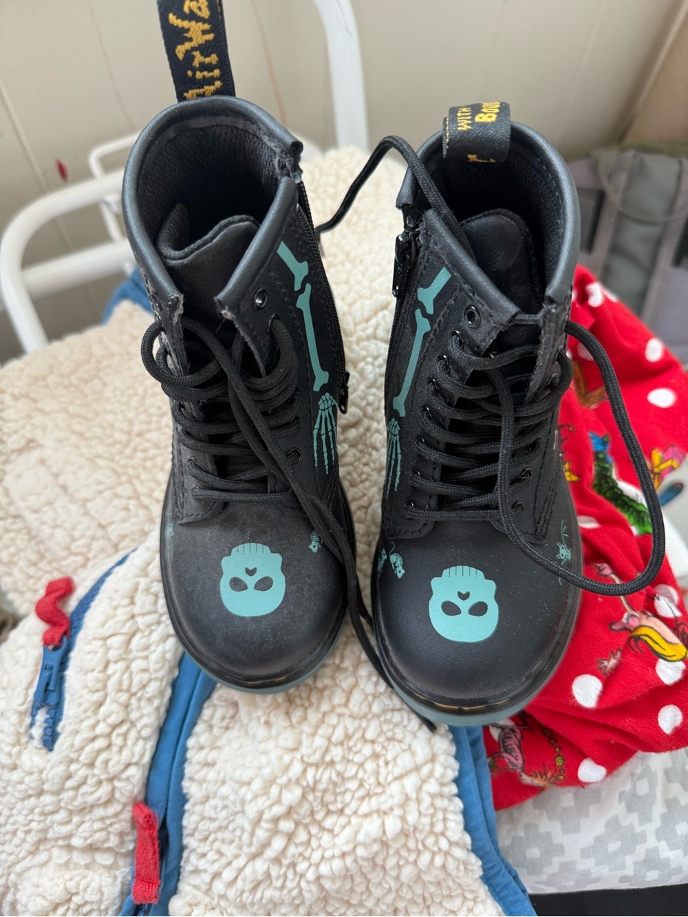 Dr. Martens Kids Black Boots with Teal Skull & Bone Graphics